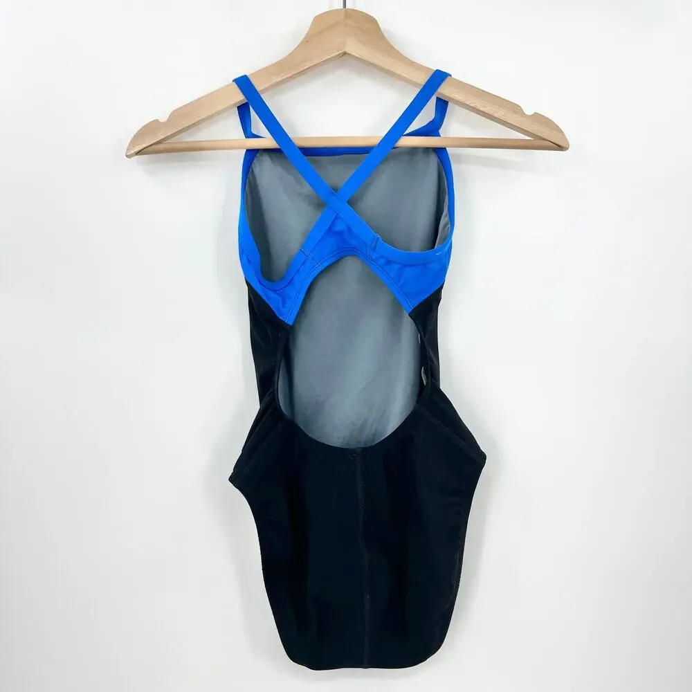 Speedo Power Plus One Piece Swimsuit Womens 28 Blue Black Crossback Athletic - Picture 6 of 12